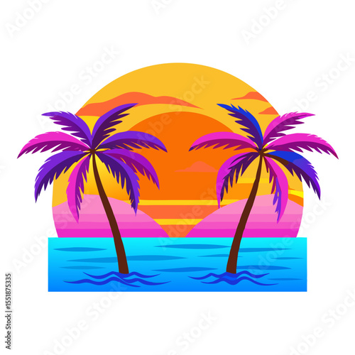 Tropical Sunset Palm Tree T-Shirt Design – Bold Ocean Sunset with Palm Trees, Colorful Waves, Bright Tropical Flowers, Vibrant Beach Art on White Background

