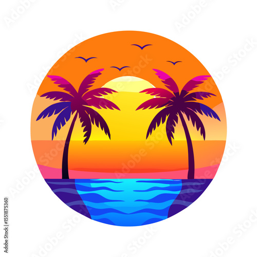 Tropical Sunset Palm Tree T-Shirt Design – Bold Ocean Sunset with Palm Trees, Colorful Waves, Bright Tropical Flowers, Vibrant Beach Art on White Background


