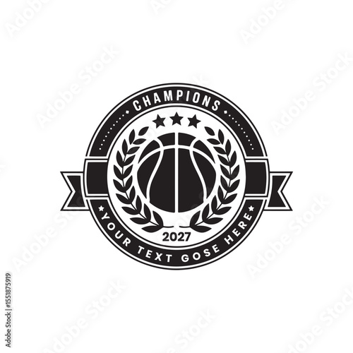 Basketball Championship Emblem with Laurel Wreath and Ribbon Banner photo