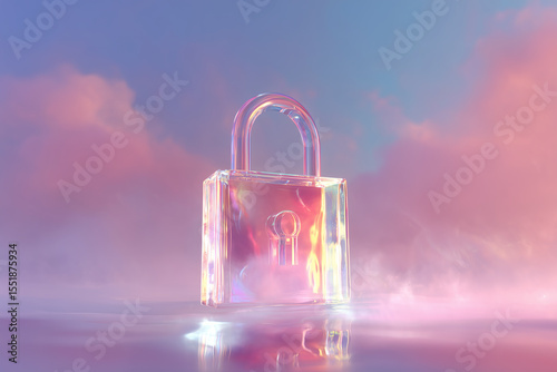 Abstract Crystal Padlock: Security in a Dreamscape of Hues and Reflections, floating amidst clouds.