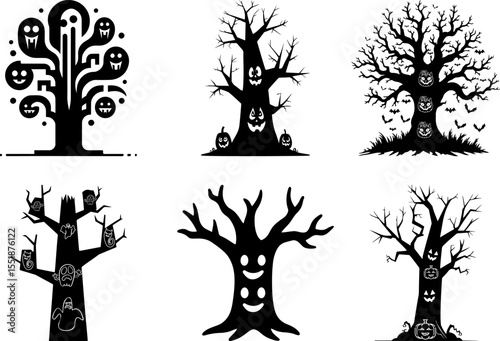 Spooky Halloween tree silhouettes with scary faces and ghostly figures 