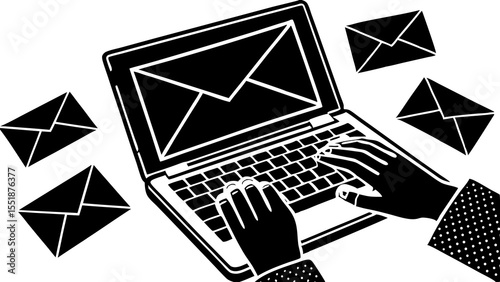A simple illustration of hands typing on a laptop keyboard with numerous email icons flying around the screen and laptop. vector art design