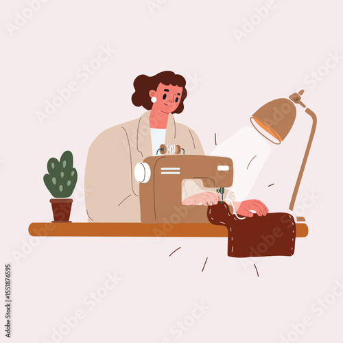 Cartoon vector illustration of a woman sewing at a table, symbolizing creativity, craftsmanship, and focused work