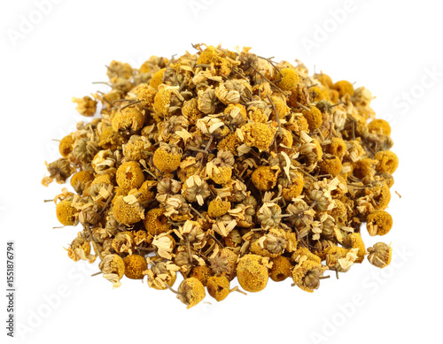Dried chamomile flowers heap close-up, herbal remedy and tisane material on transparent background