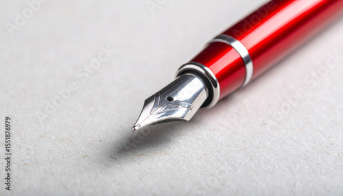 Fountain pen close up with red and silver body resting on textured paper, showing shiny metal nib tip and smooth writing instrument detail. Elegant writing tool for calligraphy or notes
