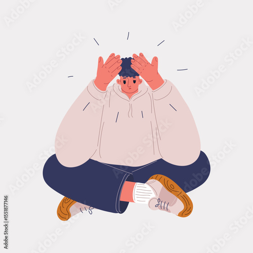 Cartoon vector illustration of a distressed man holding her head, symbolizing stress, tension, and mental fatigue