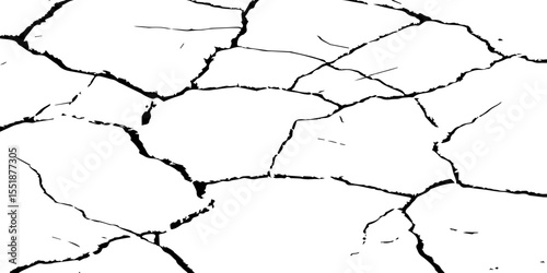 A high-contrast black and white texture depicting dry, cracked earth. The fragmented surface forms an organic mosaic of irregular shapes, with sharp, dark lines outlining each segment.
