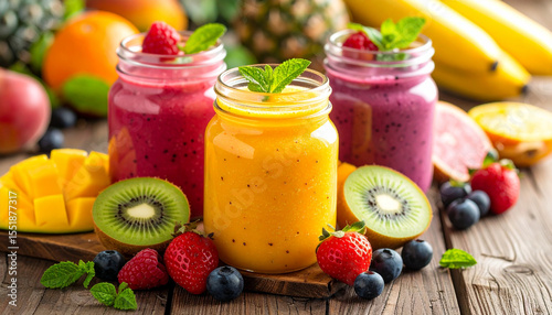 Fresh fruit smoothie in mason jar with vibrant colors surrounded by fresh berries, kiwi, mango, and tropical fruits on rustic wooden table