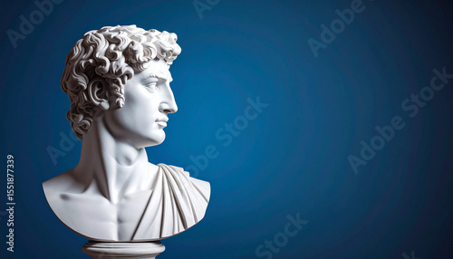 Classical male bust sculpture with curly hair and draped cloth, closeup profile view on blue gradient background, artistic marble statue with clean space on left