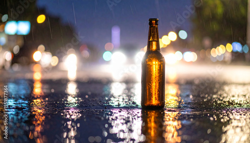 Glass beer bottle on wet street at night with rain and blurred city lights creating reflective and moody atmosphere