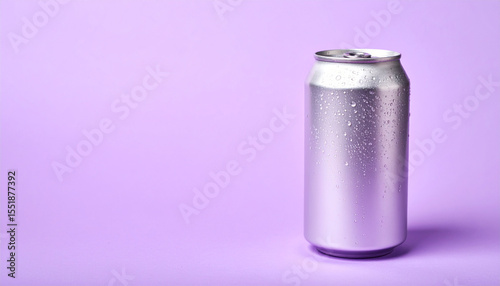 Cold beverage can with condensation on purple background, refreshing drink concept with clean space on left for text or design, metallic container for soda or beer