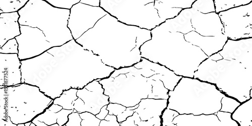 A high-contrast black and white texture depicting dry, cracked earth. The fragmented surface forms an organic mosaic of irregular shapes, with sharp, dark lines outlining each segment.
