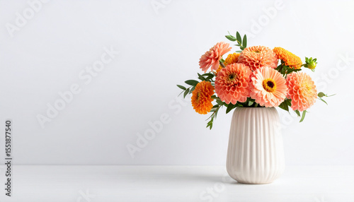 Elegant orange and pink flowers arranged in white ribbed vase with green leaves on clean white surface, creating fresh and vibrant still life composition