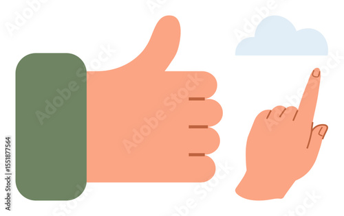 Thumbs-up gesture paired with a pointing finger heading toward a cloud. Ideal for approval, digital interaction, navigation, user interface, positivity, guidance, teamwork concepts. A simple flat