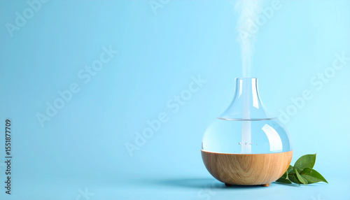 Clear glass essential oil diffuser with wooden base emits gentle mist on blue background, accompanied by green leaves, creating calm and refreshing atmosphere