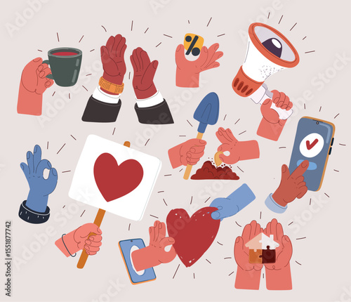 Cartoon vector illustration of hands in various situations, holding a tea cup, applauding, holding a percentage, planting a seed, showing OK sign, passing a heart, holding a megaphone, holding a puzzl