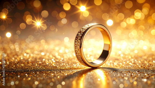 Firefly gold ring hovering above sparkling surface with glowing bokeh lights in warm golden tones creating luxurious and elegant atmosphere