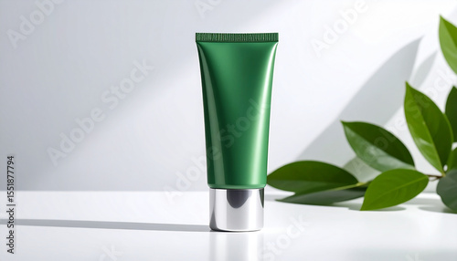 Green cosmetic tube with silver cap stands on white surface with natural light and green leaves in background, evoking fresh and clean skincare concept