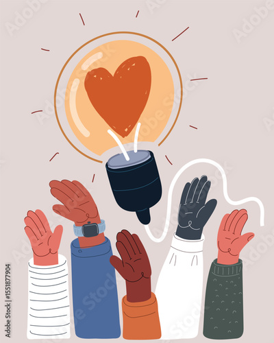 Cartoon vector illustration of hands reaching toward a glowing lightbulb-heart, symbolizing inspiration, collective creativity, and hope
