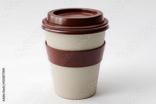 Reusable coffee cup with brown lid and sleeve on white background