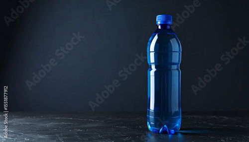 Blue plastic water bottle on dark surface with clean space on left, simple hydration container with cap, minimalistic design and cool tone lighting creating calm mood
