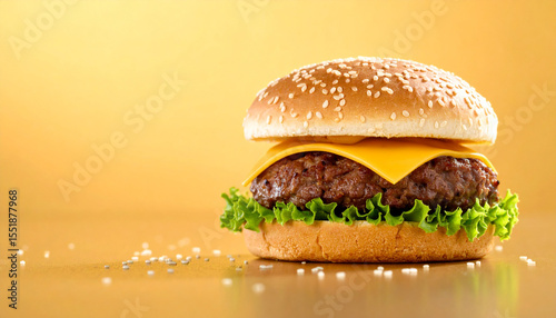 Juicy cheeseburger with melted cheese, fresh green lettuce, and sesame seed bun on golden background, showcasing delicious and appetizing fast food meal