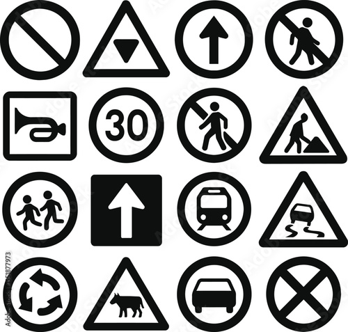 Warning and road sign collection with caution symbols and electric hazard design elements