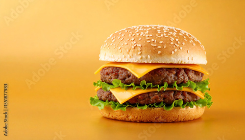 Juicy cheeseburger with melted cheese, fresh green lettuce, and sesame seed bun on golden background, showcasing delicious double beef patty sandwich