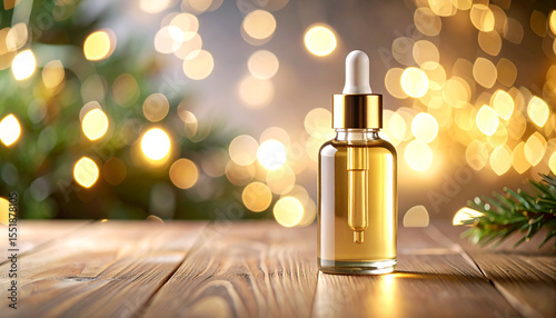 Luxury face oil bottle with golden dropper on wooden surface, glowing bokeh lights in background create warm and festive atmosphere, perfect for skincare or beauty concept