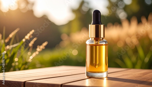 Golden face oil bottle with dropper on wooden surface in natural sunlight, evoking calm and luxury skincare moment outdoors