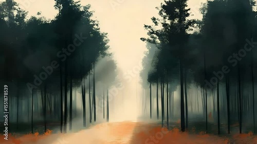 Misty Forest Path: A Digital Painting of Serene Nature
