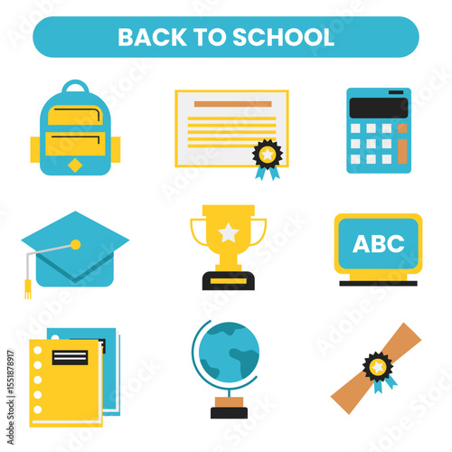 School supplies big set back to school trendy flat icons element vector illustration art school