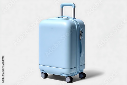 Light blue carry-on luggage suitcase with wheels on white background