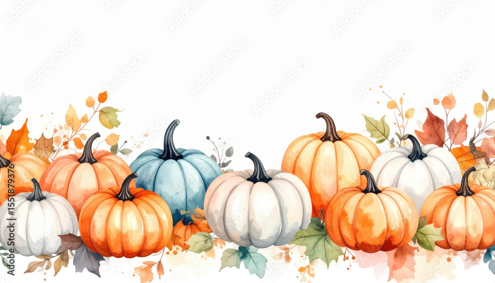 Obraz premium Watercolor pumpkins with autumn leaves create festive fall scene