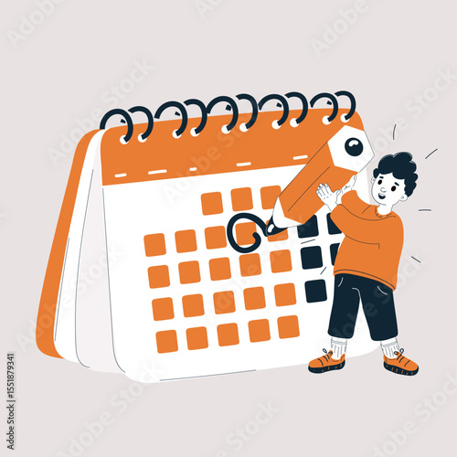 Cartoon vector illustration of a boy checking a calendar, symbolizing planning, schedule, and time management