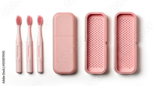 Three pink soft bristle toothbrushes and two ventilated travel cases arranged on a white background