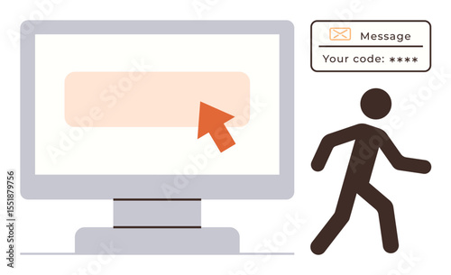Monitor displaying code entry and message, arrow pointing at input field, figure walking. Ideal for login process, cybersecurity, online verification, user authentication, privacy, digital security