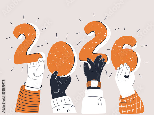 Cartoon vector illustration of hands holding 2026 numbers, symbolizing new year, planning, and future goals