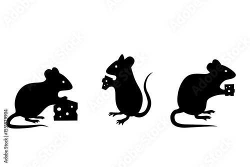 Silhouettes of cute mice eating cheese in various poses. Black vector illustration of cartoon rats holding or nibbling cheese, perfect for children’s designs or logos