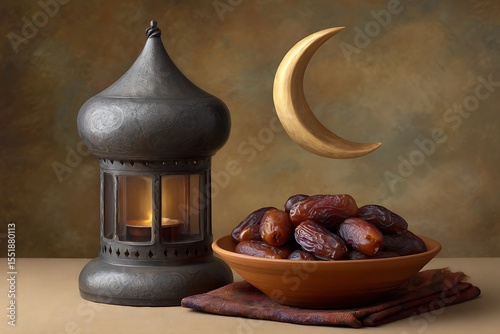 Dates in a bowl with a crescent moon and lantern, Middle Eastern style