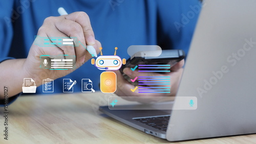 mobile device displays chatbot and digital invoice icons, representing an AI-powered procurement system that automates B2B purchasing and streamlines mobile supply chain management.