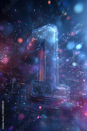 Digital Number One: Glowing, multi-layered numeral against a backdrop of sparkling particles and gridlines.