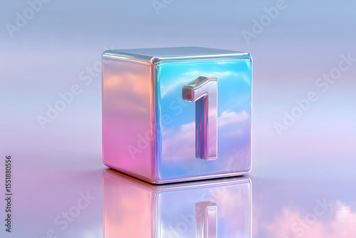 Number one on a iridescent block. Reflected in a colorful scene. First in line. Number one winner!