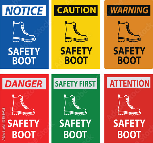 ISO mandatory safety wear foot protection chemical boot,personal protective equipment PPE sign.Notice Use Steel Toe Shoes. Mandatory safety shoes symbol. Caution,Safety shoes must be worn in this area