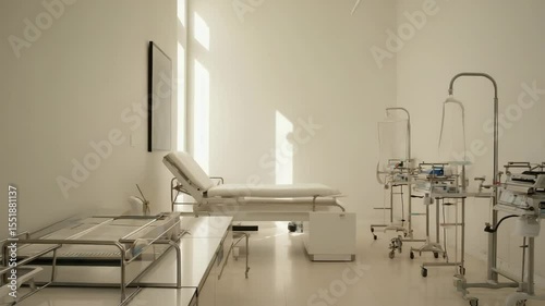 Medical examination room, clean white counters, organized instruments, and slow-moving shadows on the wall.