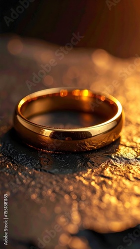 Close-up of a polished gold ring resting on a dark stone surface, illuminated by warm, glowing light with elegant reflections.
