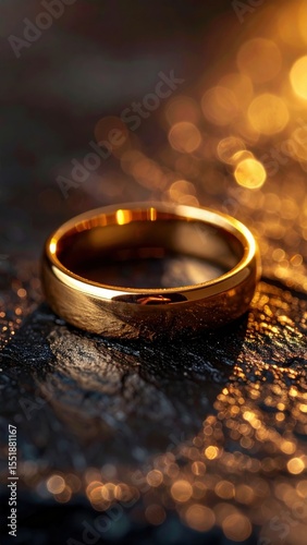 Elegant gold wedding ring placed on a textured stone surface, surrounded by warm bokeh lighting that adds depth and romance.