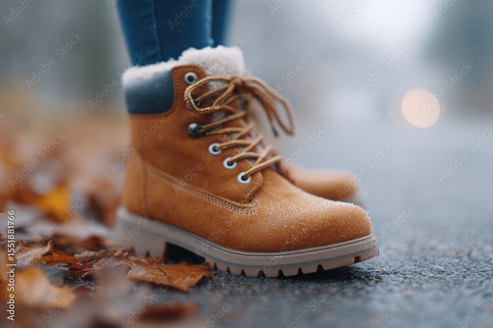 close-up of boots stepping on crunchy fall leaves against asphalt path close-up of boots stepping on crunchy fall leaves against asphalt path