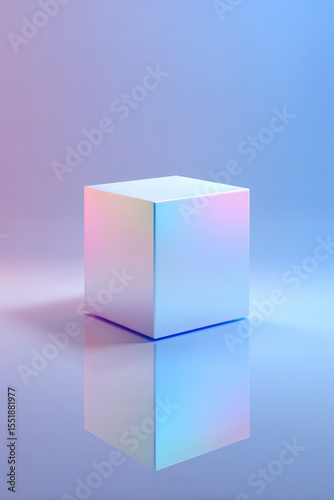 Abstract cube reflecting colors on a shiny surface. Minimalist composition in pastel gradients.