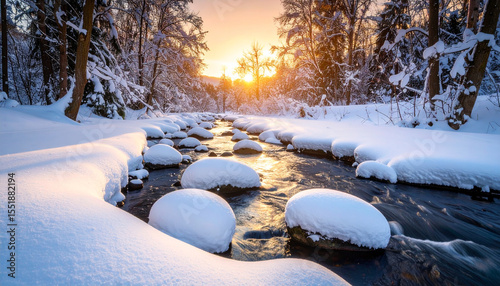 Snowy stones in winter stream reflect warm sunset light, surrounded by snow covered trees and peaceful forest landscape with clean space on left side